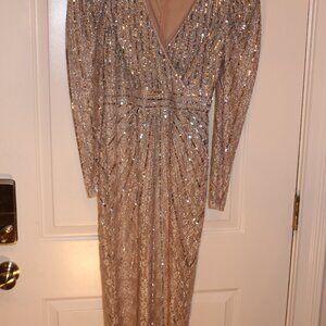 Mac Duggal Beaded Lace Long Sleeve Midi Dress.